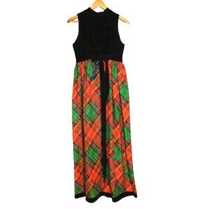 Vintage 1970s Tartan Plaid Sleeveless Maxi Dress With Velvet Bodice & Ribbon Bow